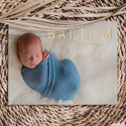 1 Photo Religious Cross Blue Boy Baptism Gold Foil Invitation