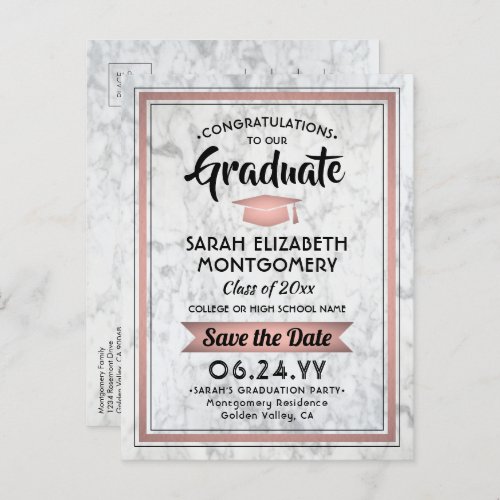 1 Photo Rose Gold Marble Graduation Save the Date Announcement Postcard