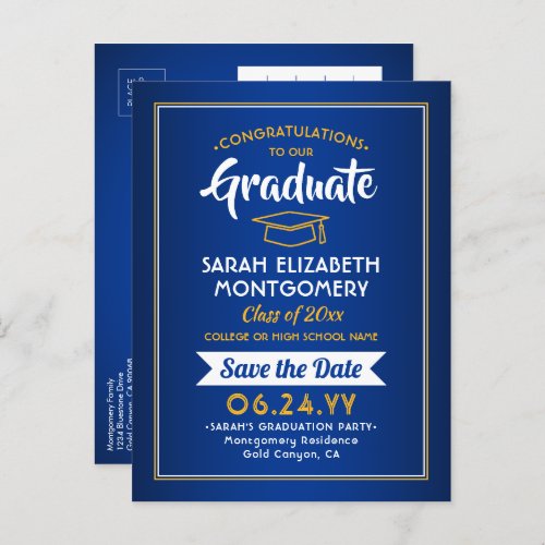 1 Photo Royal Blue  Gold Graduation Save the Date Announcement Postcard