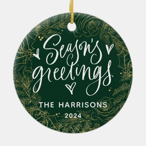 1_Photo Seasons Greetings Green Two_Sided Ceramic Ornament