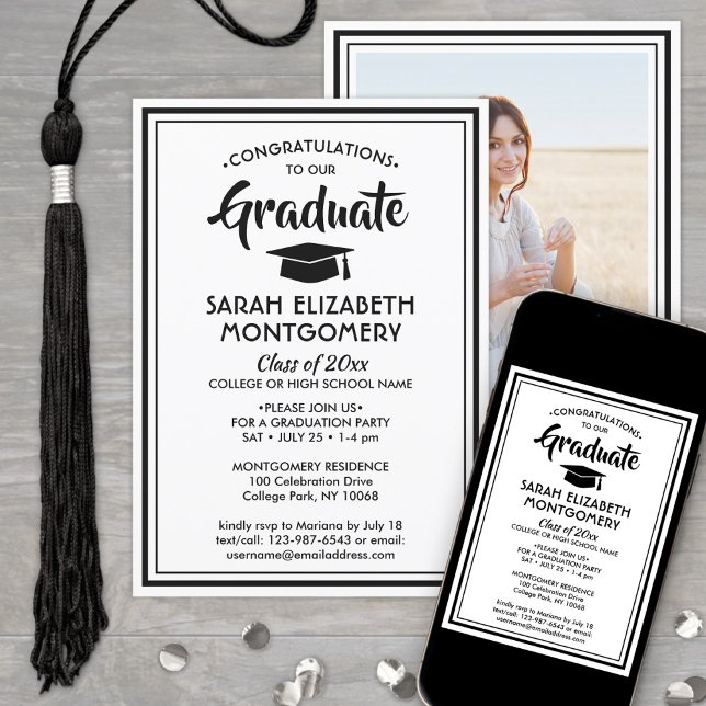 1 Photo Simple Elegant Black and White Graduation Invitation (Creator Uploaded)