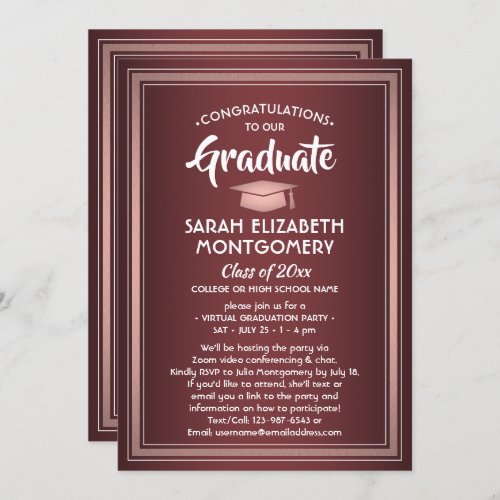 1 Photo Virtual Graduation Burgundy Pink Rose Gold Invitation