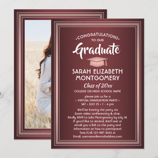 1 Photo Virtual Graduation Burgundy Pink Rose Gold Invitation (Front/Back)
