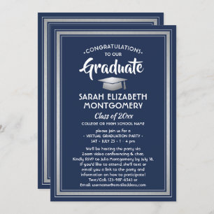 1 Photo Virtual Graduation Navy Blue White Silver Invitation