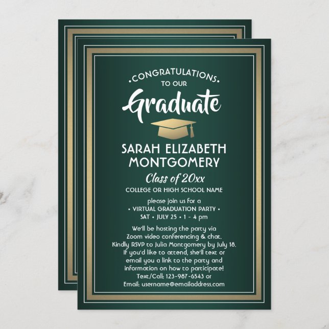 1 Photo Virtual Graduation Party Green Gold White Invitation (Front/Back)