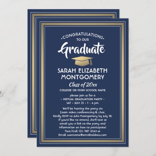 1 Photo Virtual Graduation Party Navy Blue  Gold Invitation