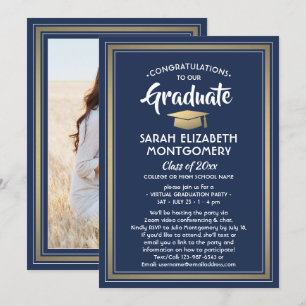 1 Photo Virtual Graduation Party Navy Blue & Gold Invitation