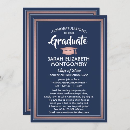 1 Photo Virtual Graduation Party Navy Blue  Pink Invitation