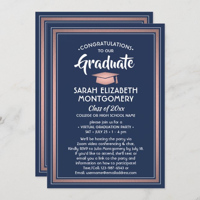 1 Photo Virtual Graduation Party Navy Blue & Pink Invitation (Front/Back)
