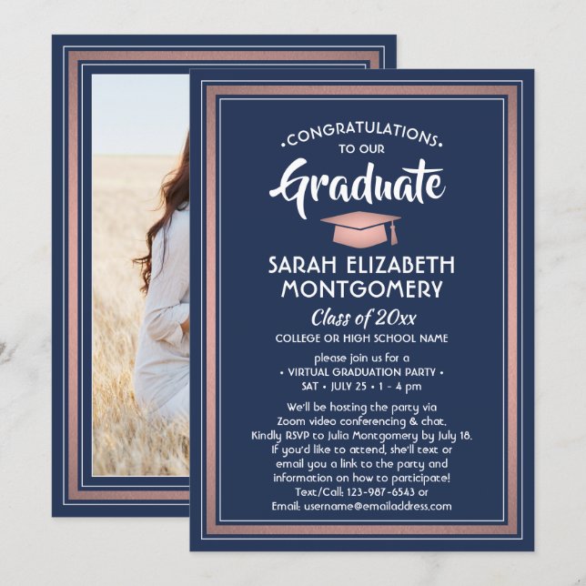 1 Photo Virtual Graduation Party Navy Blue & Pink Invitation (Front/Back)