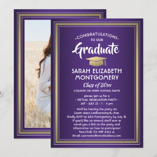 1 Photo Virtual Graduation Party Purple Gold White Invitation