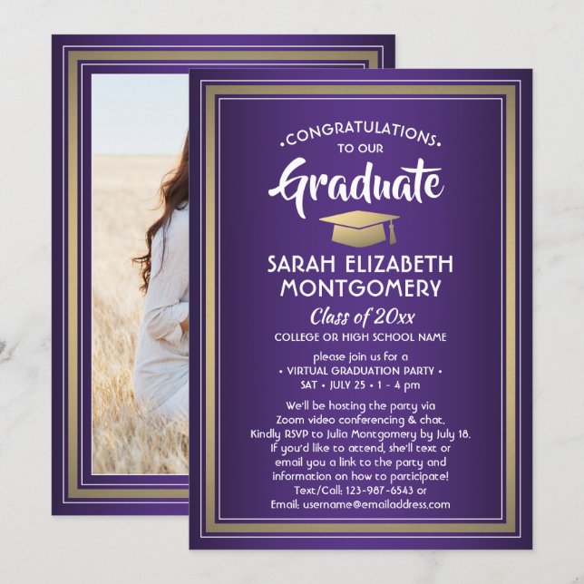 1 Photo Virtual Graduation Party Purple Gold White Invitation (Front/Back)