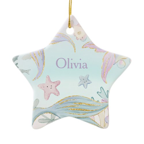 1 Photo Watercolor Glitter Mermaid Tails Sea Ceramic Ornament