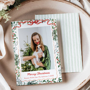 1 Photo Whimsical Christmas Greenery Coquette Bow Holiday Card