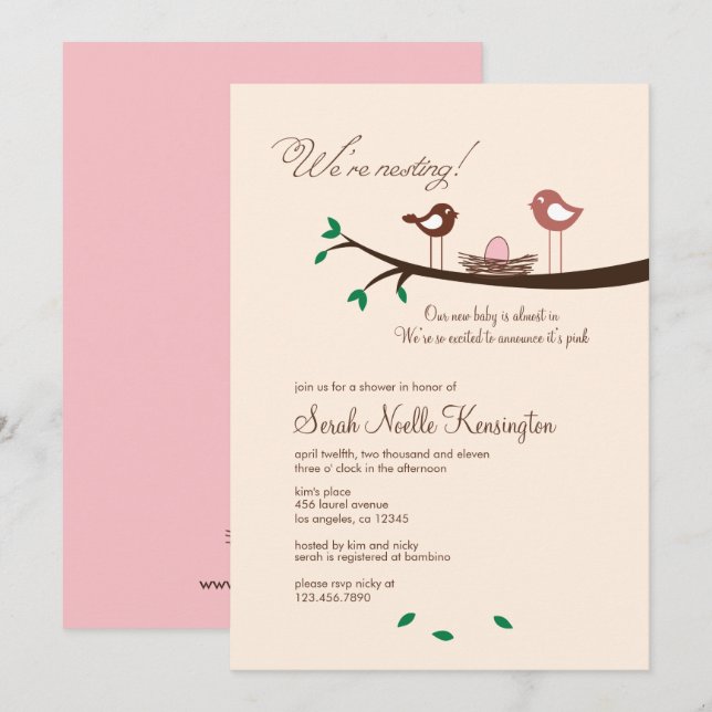 1 Pink Egg Nesting Birds Baby Shower Invitation (Front/Back)