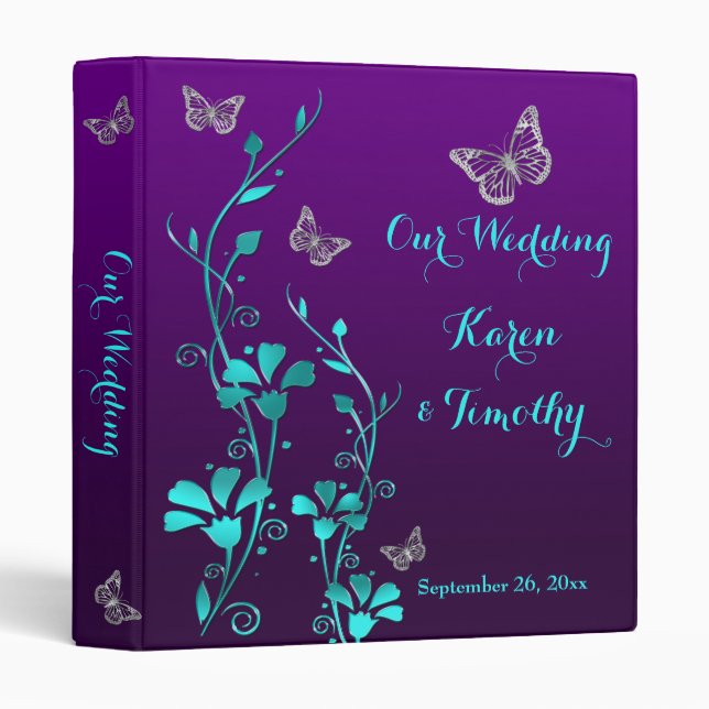 1" Purple, Teal Floral, Butterfly Wedding Binder (Front/Spine)