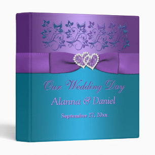 1" Purple, Teal Floral, Hearts Wedding BINDER