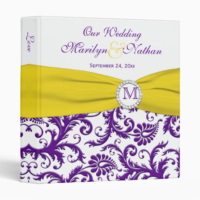 1" Purple Yellow White Damask Wedding Binder (Front/Spine)