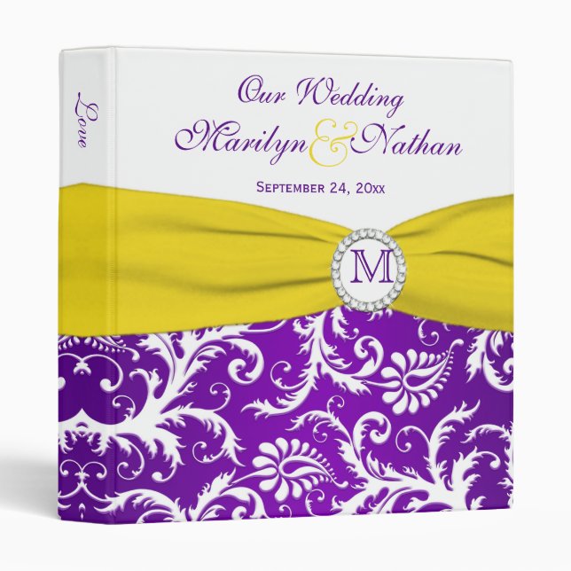 1" Purple Yellow White Damask Wedding Binder (Front/Spine)
