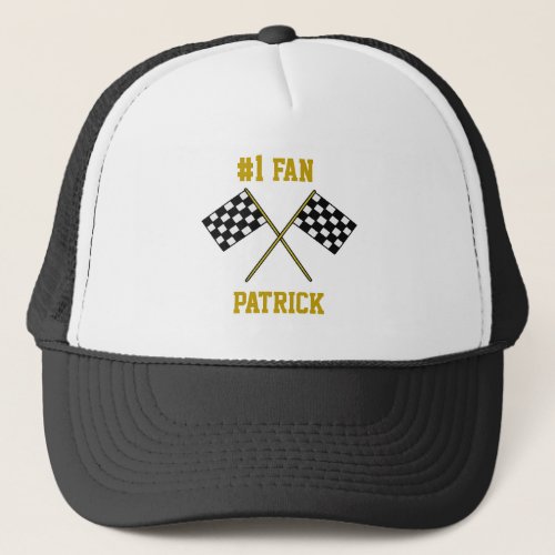 1 Racing Fan Two Checkered Flags with Name Trucker Hat