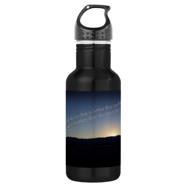 1 Samuel 15:22 Sunset Black Border Water Bottle (Front)