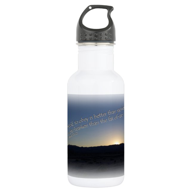 1 Samuel 15:22 Sunset White Border Water Bottle (Front)