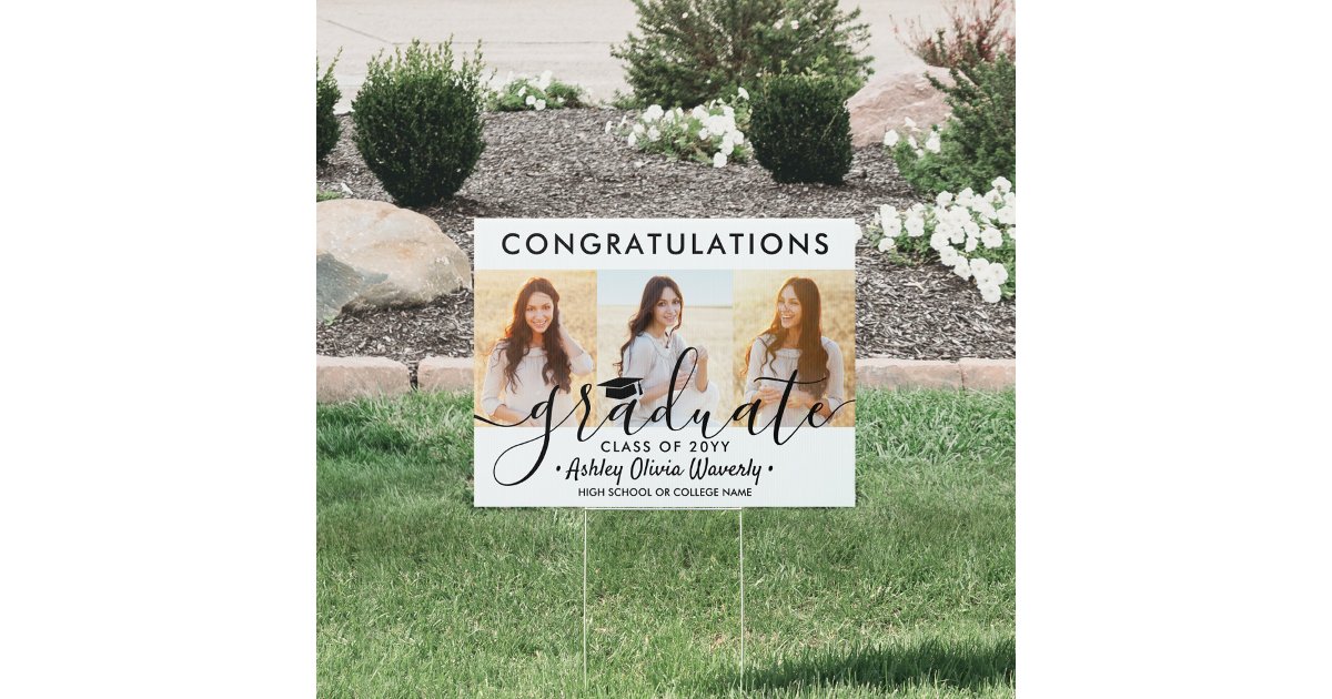 1 Sided 3 Photo Elegant Script Graduation Yard Sign | Zazzle