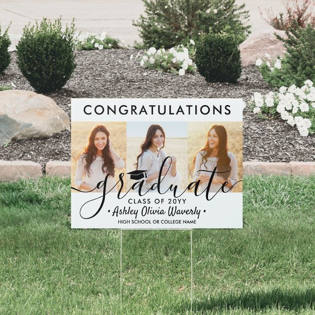 1 Sided 3 Photo Elegant Script Graduation Yard Sign (Creator Uploaded)
