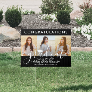 1 Sided 3 Photo Graduation Congrats Black Yard Sign