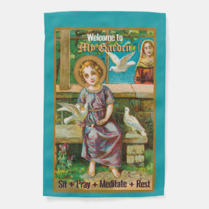 1-sided Boy Jesus Seated on a Bench amid Doves Garden Flag
