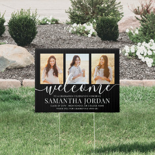 1 Sided Graduation Welcome 3 Photo Black Yard Sign