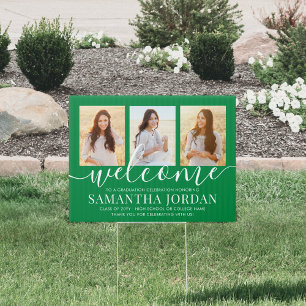 1 Sided Graduation Welcome 3 Photo Green Yard Sign