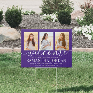 1 Sided Graduation Welcome 3 Photo Purple Yard Sign