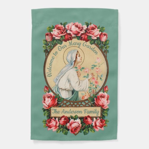 1_sided Mary Mystical Rose in Floral Frame Garden Flag