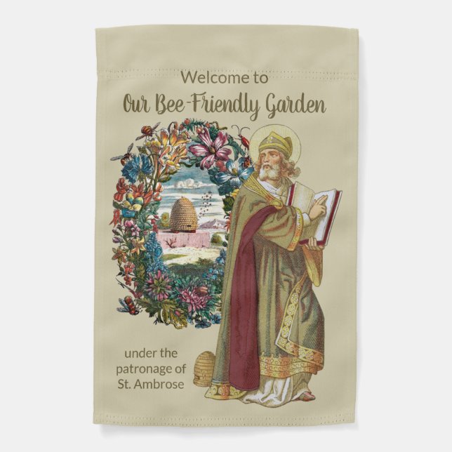 1-sided St Ambrose with Flowers, Bees and Beehives Garden Flag (Front)