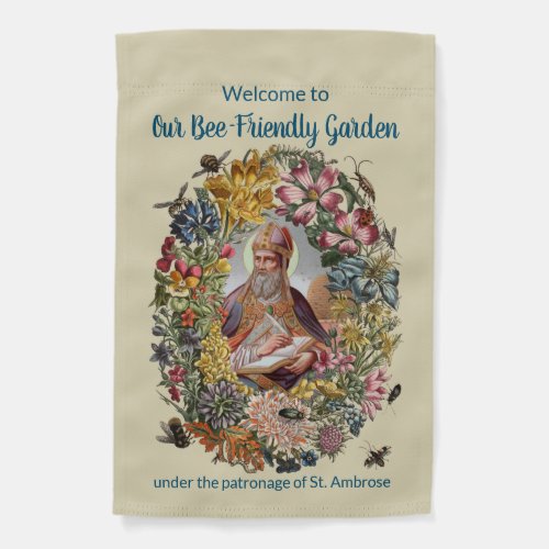 1_sided St Ambrose with Flowers Bees and Hive Garden Flag