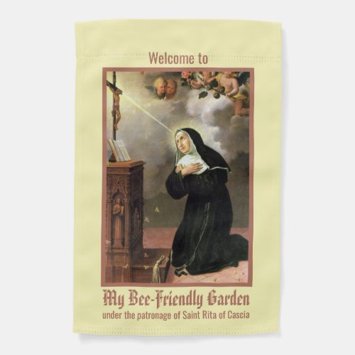 1_sided St Rita with Bees Praying at a Crucifix Garden Flag