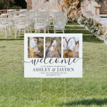 1 Sided Wedding Welcome 3 Photo Black Script Yard Sign