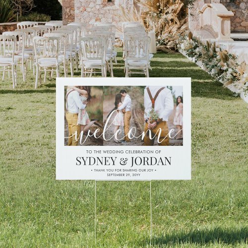 1 Sided Wedding Welcome 3 Photo White Script Yard Sign