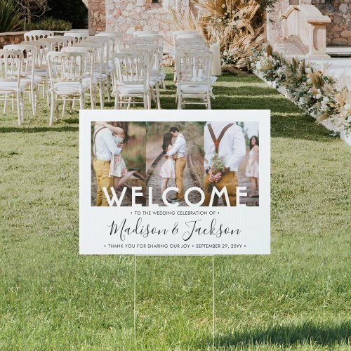 1 Sided Wedding Welcome Simple Modern 3 Photo Yard Sign