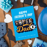 #1 Super Dad Superhero Comic Book Father's Day Card<br><div class="desc">The perfect father's day greeting card for superhero dads. Our #1 Super Dad father's day card features features "Super Dad" in a fun stylish comic book style typographic design in navy blue, light blue, and yellow with a halftone comic book pattern design. Customize with Dad's monogram and your own optional...</div>