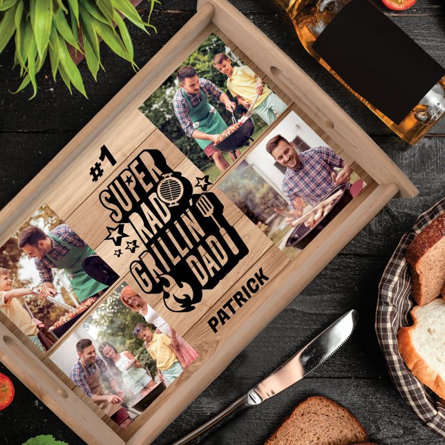 #1 Super Rad Grillin' Dad Woodgrain Custom Name Serving Tray (Creator Uploaded)