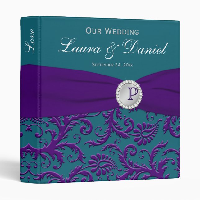 1" Teal and Purple Damask Wedding Binder (Front/Spine)