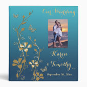 1" Teal, Gold Floral, Butterfly Wedding Binder (Front)