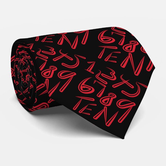 1 Thru Ten Typography In Red On Black Pattern Neck Tie (Rolled)