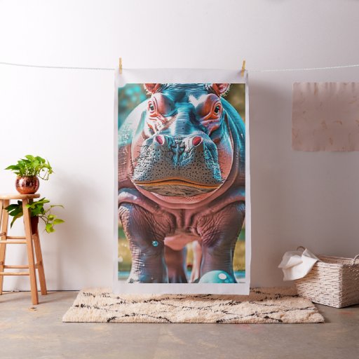 1 Yard Whimsical Hippo Turquoise Blue Pink Fabric