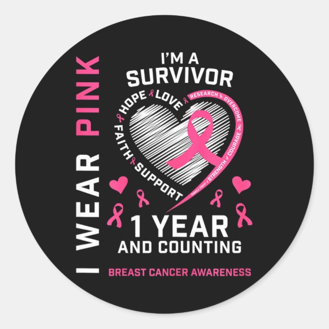 1 Year Cancer Free Mom Pink Awareness Breast Cance Classic Round Sticker (Front)