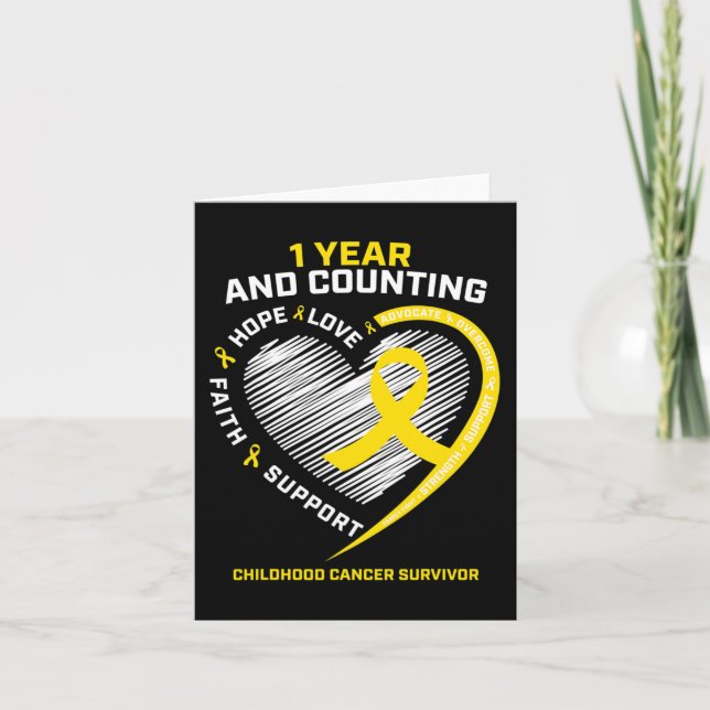 1 Year Cancer Survivor Gold Childhood Cancer Aware Card (Front)