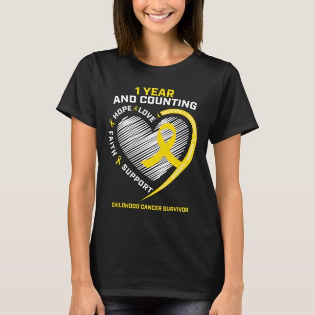 1 Year Cancer Survivor Gold Childhood Cancer Aware T-Shirt (Front)