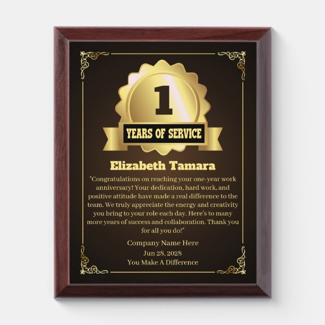 1 year employee anniversary Appreciation Message Award Plaque (Vertical)